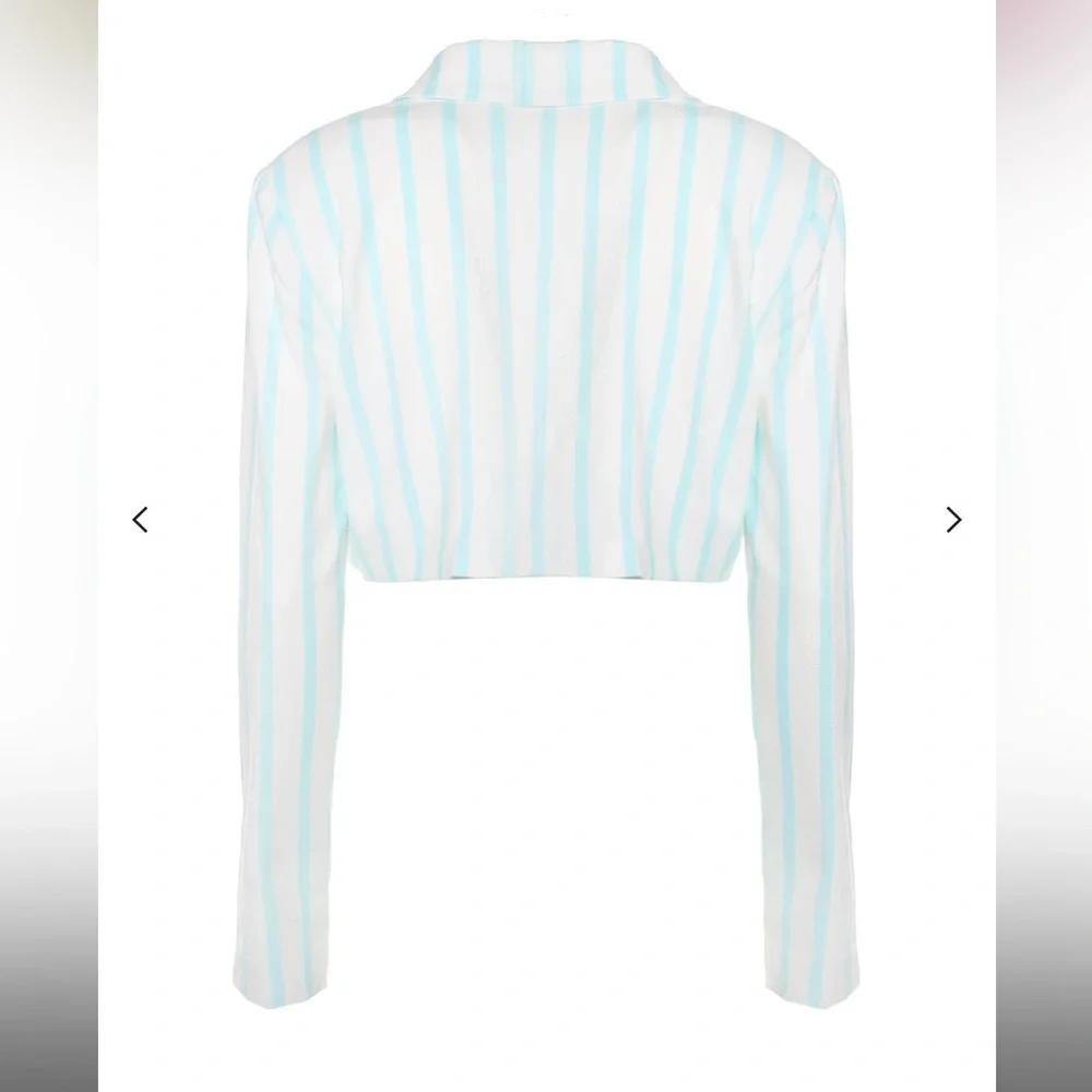 NWOT For Love and Lemons Aqua White Striped Cropped Linen Blazer Jacket Small - Picture 8 of 9